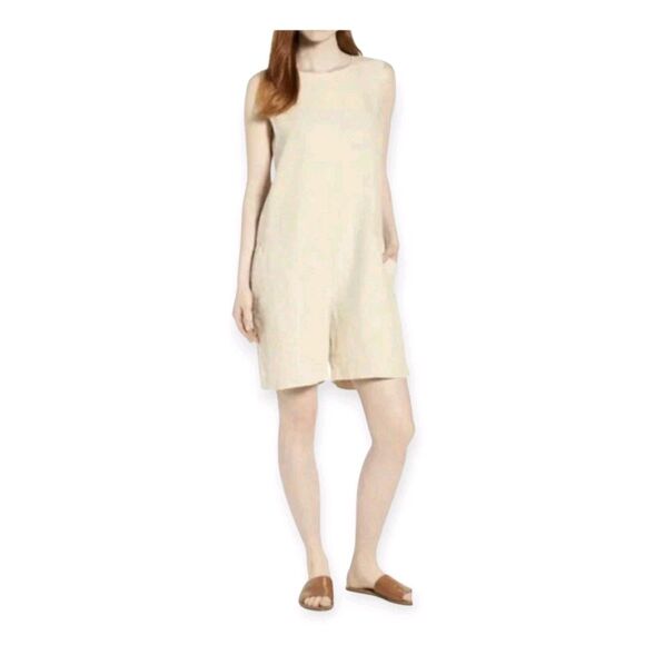 Eileen Fisher Women's Beige 100% Organic Linen Sleeveless Romper Size S/P - Picture 2 of 10